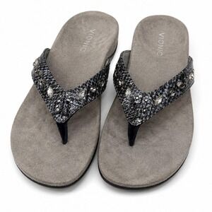 Vionic Jeweled Snake Print Orthopedic Flip Flop Sandals Women's Gray Comfort